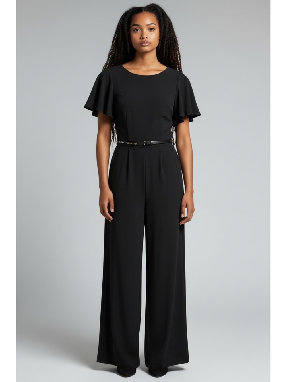 Calvin Klein Woman’s 4 Black Flutter Sleeve Belted Wide Leg Jumpsuit
